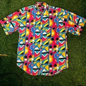 Retro 90's Today's News Graphic AOP Button Up Shirt.